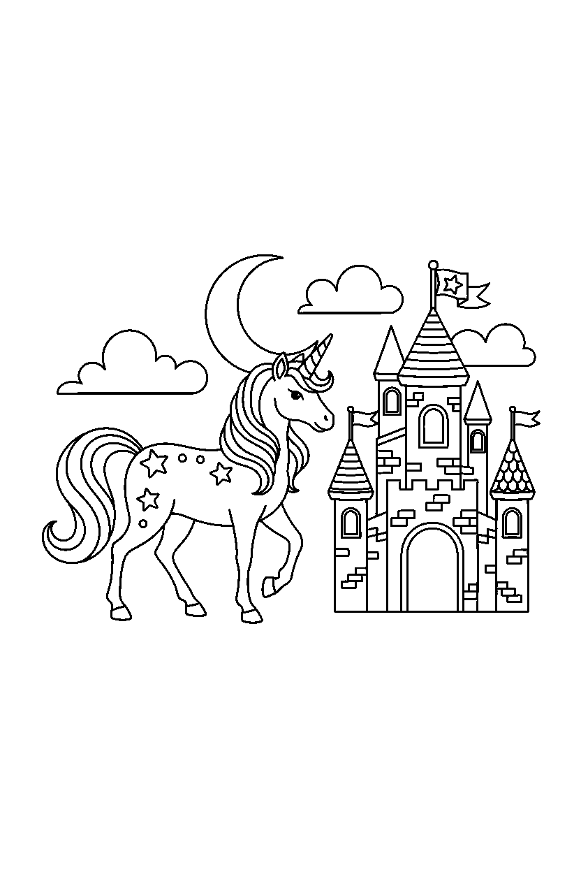 magic unicorn walking proudly near a castle line art