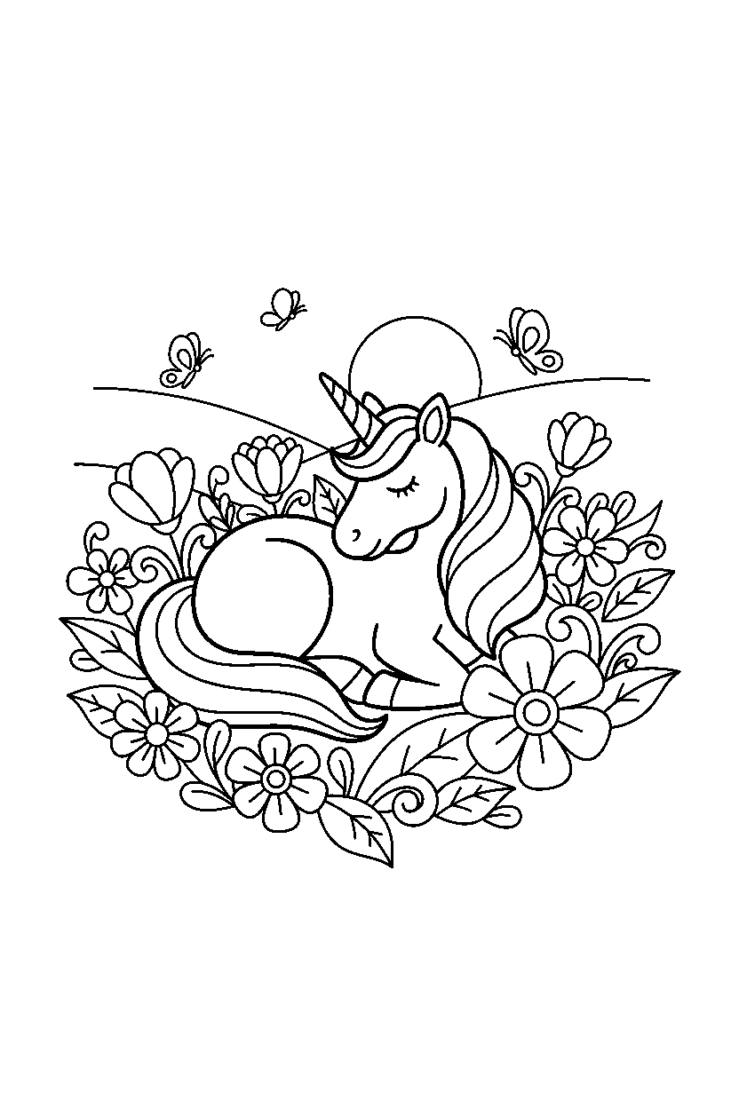 magical unicorn resting peacefully in a flower field line art