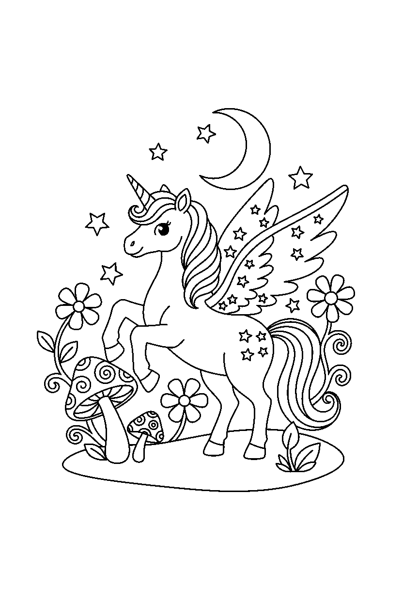 moon unicorn getting ready to fly in a fairy garden line art