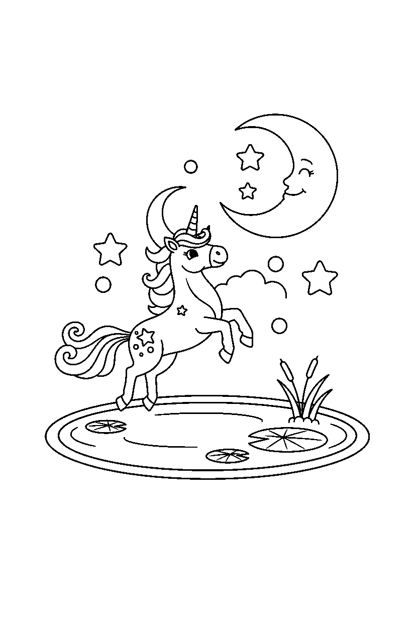 moon unicorn jumping happily near a peaceful pond line art