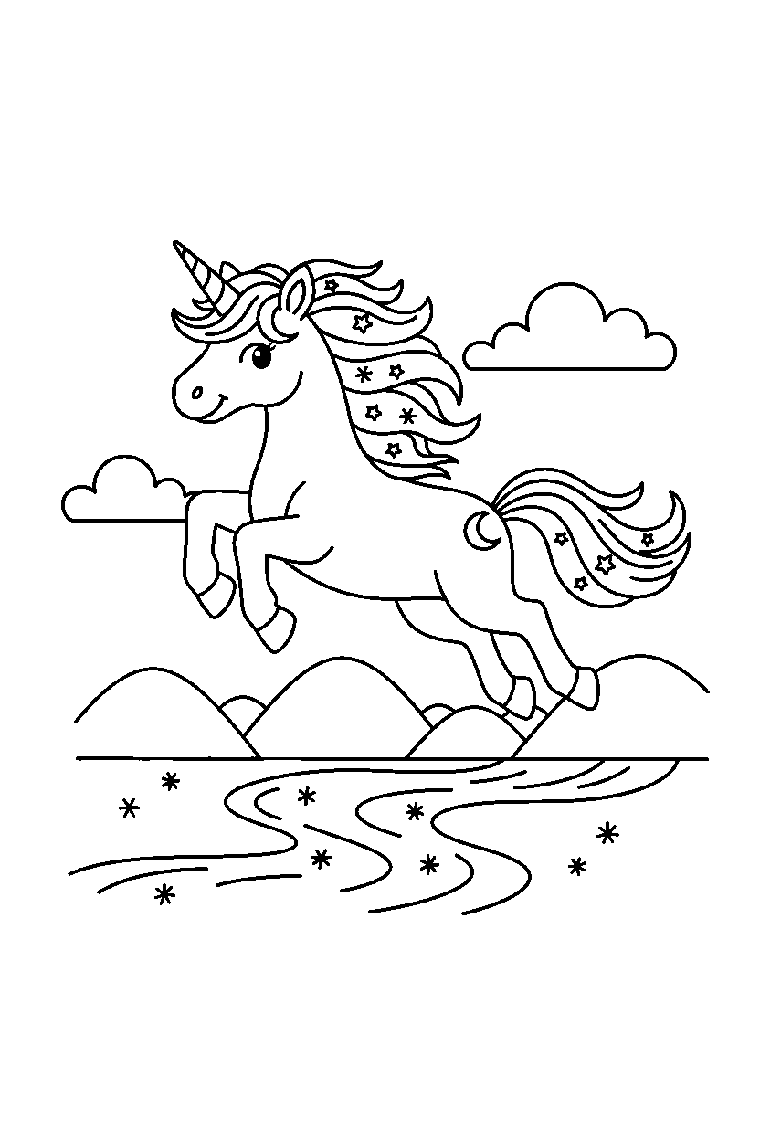 moon unicorn jumping happily near a sparkling river line art