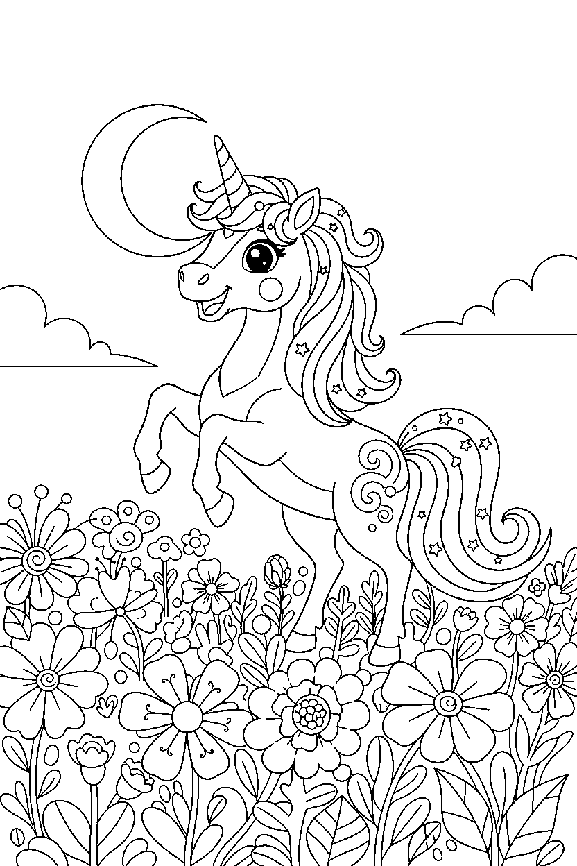 moon unicorn looking excited in a flower field line art