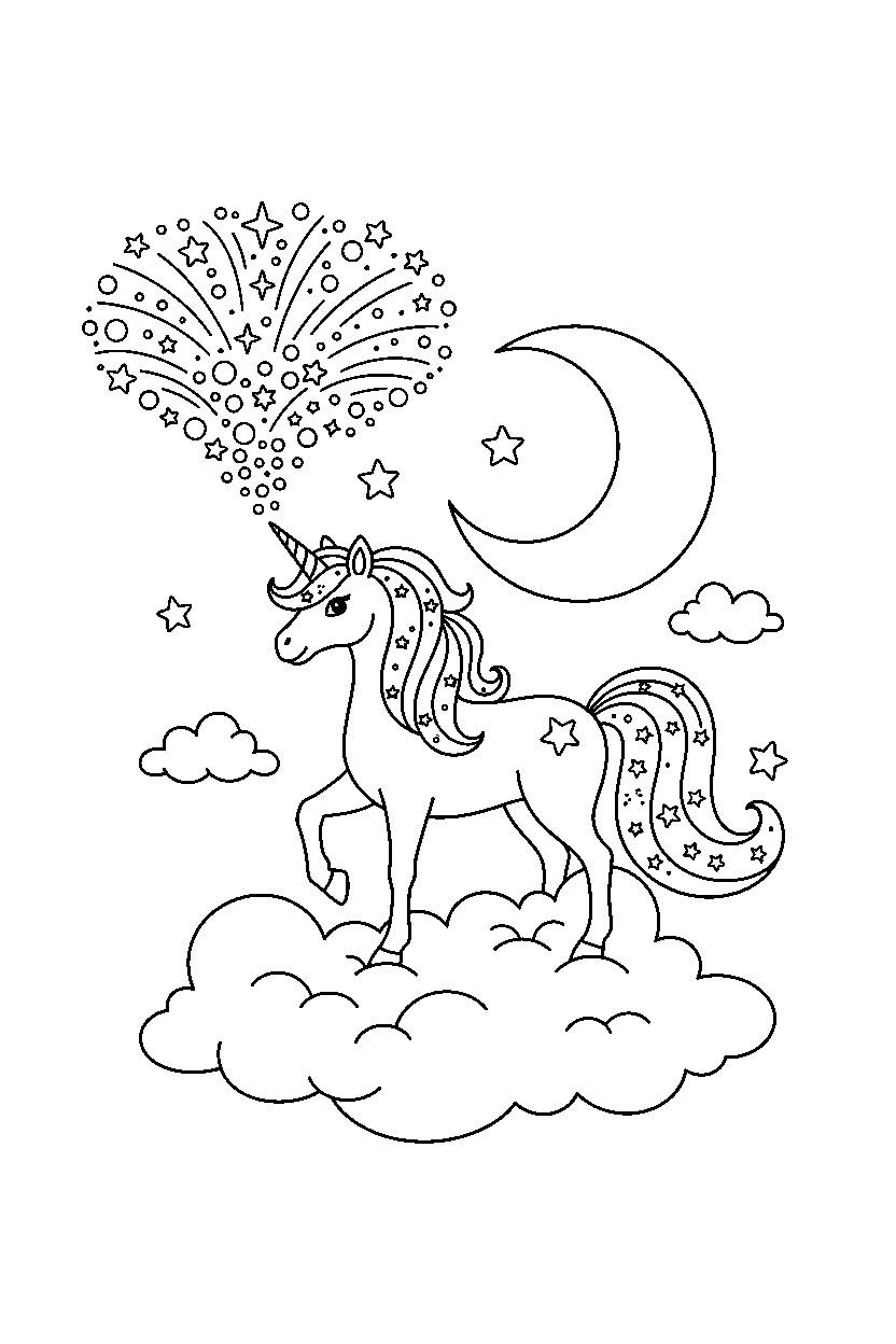 moon unicorn making a magic sparkle on a cloud land line art