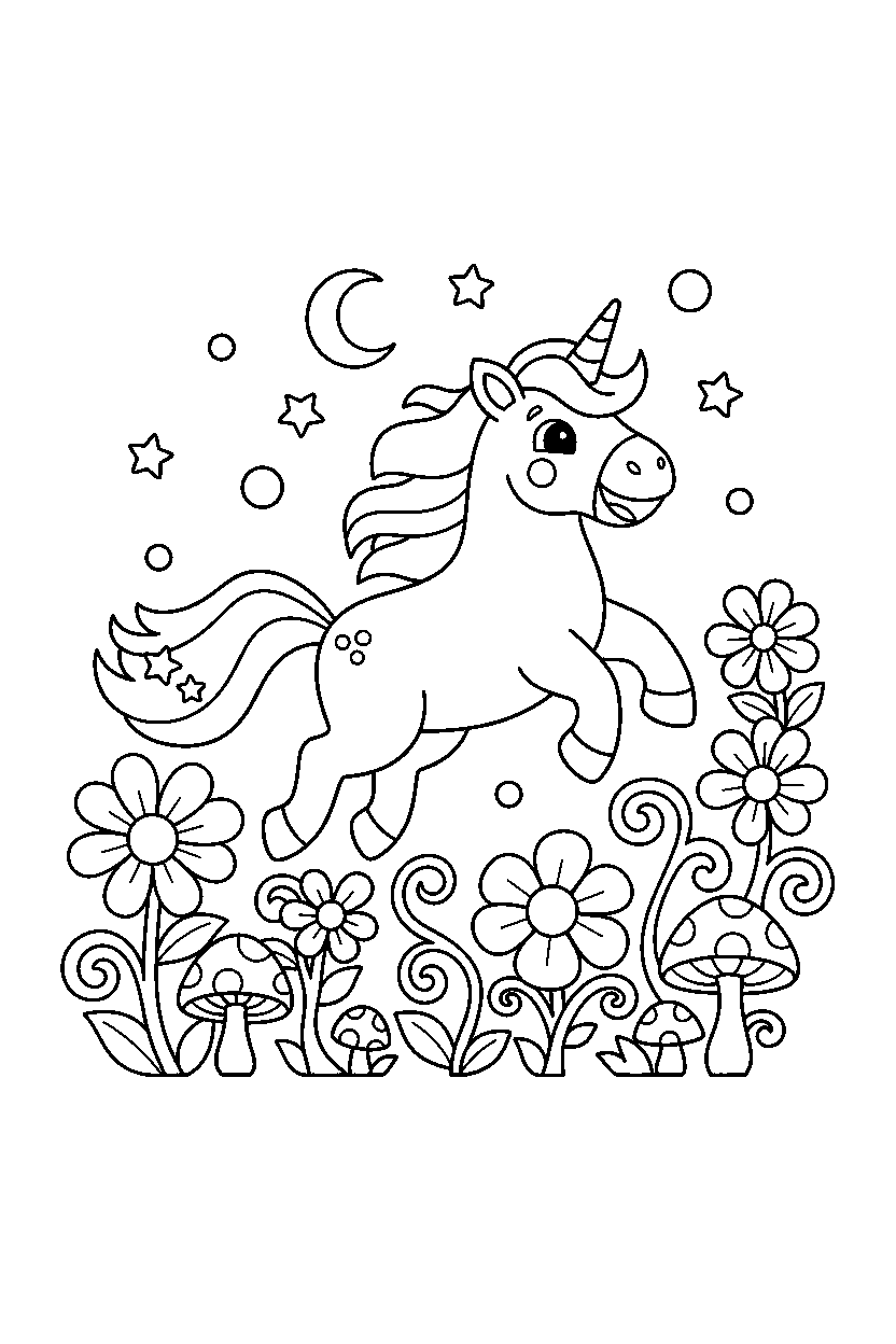 moon unicorn playing happily in a magical garden line art