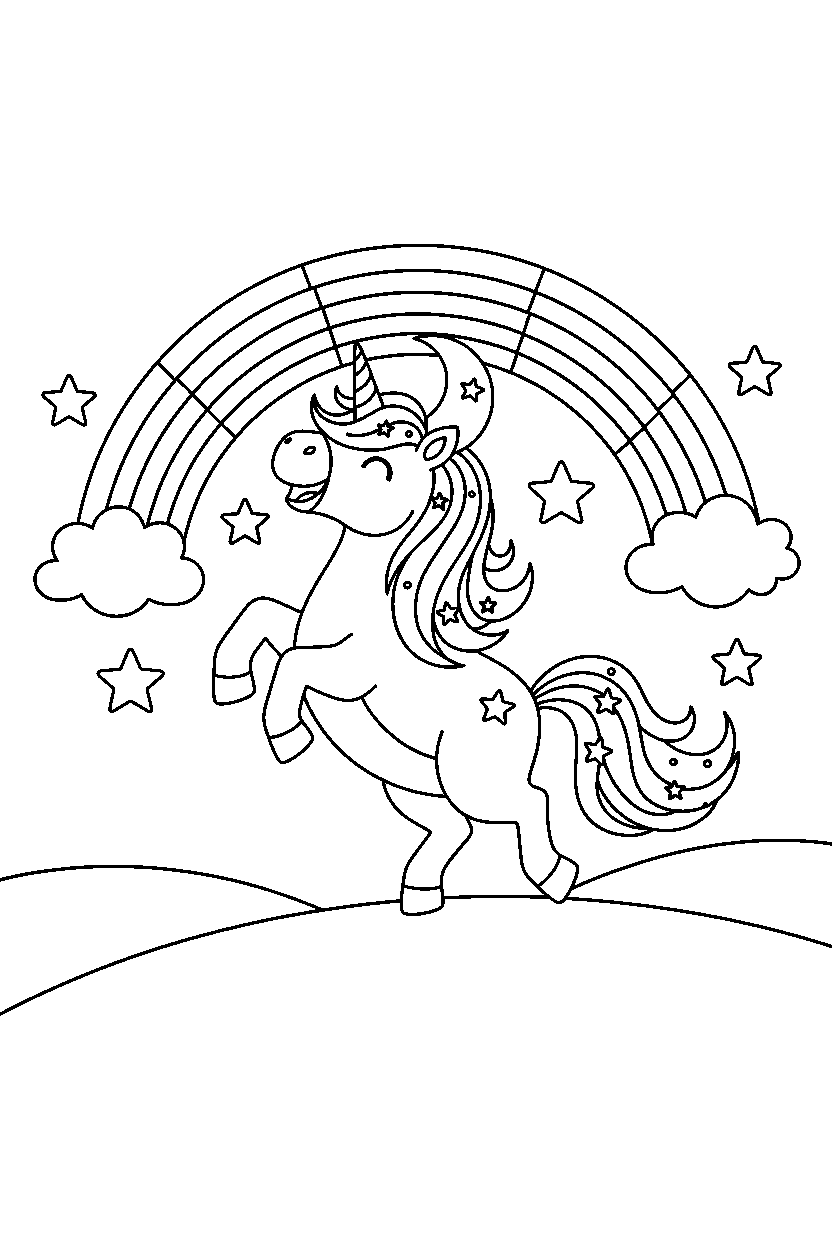 moon unicorn prancing happily under a rainbow sky line art