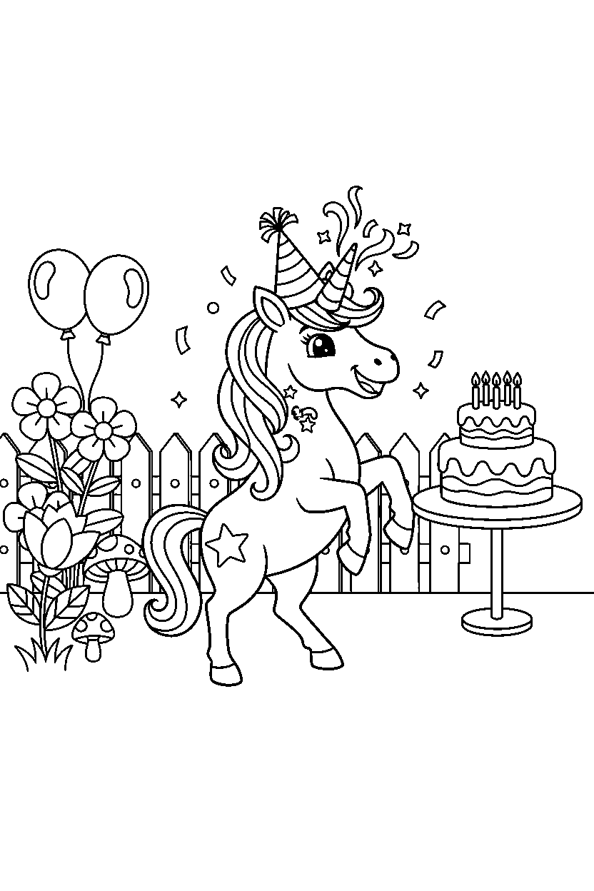 party unicorn celebrating happily near a flower garden line art