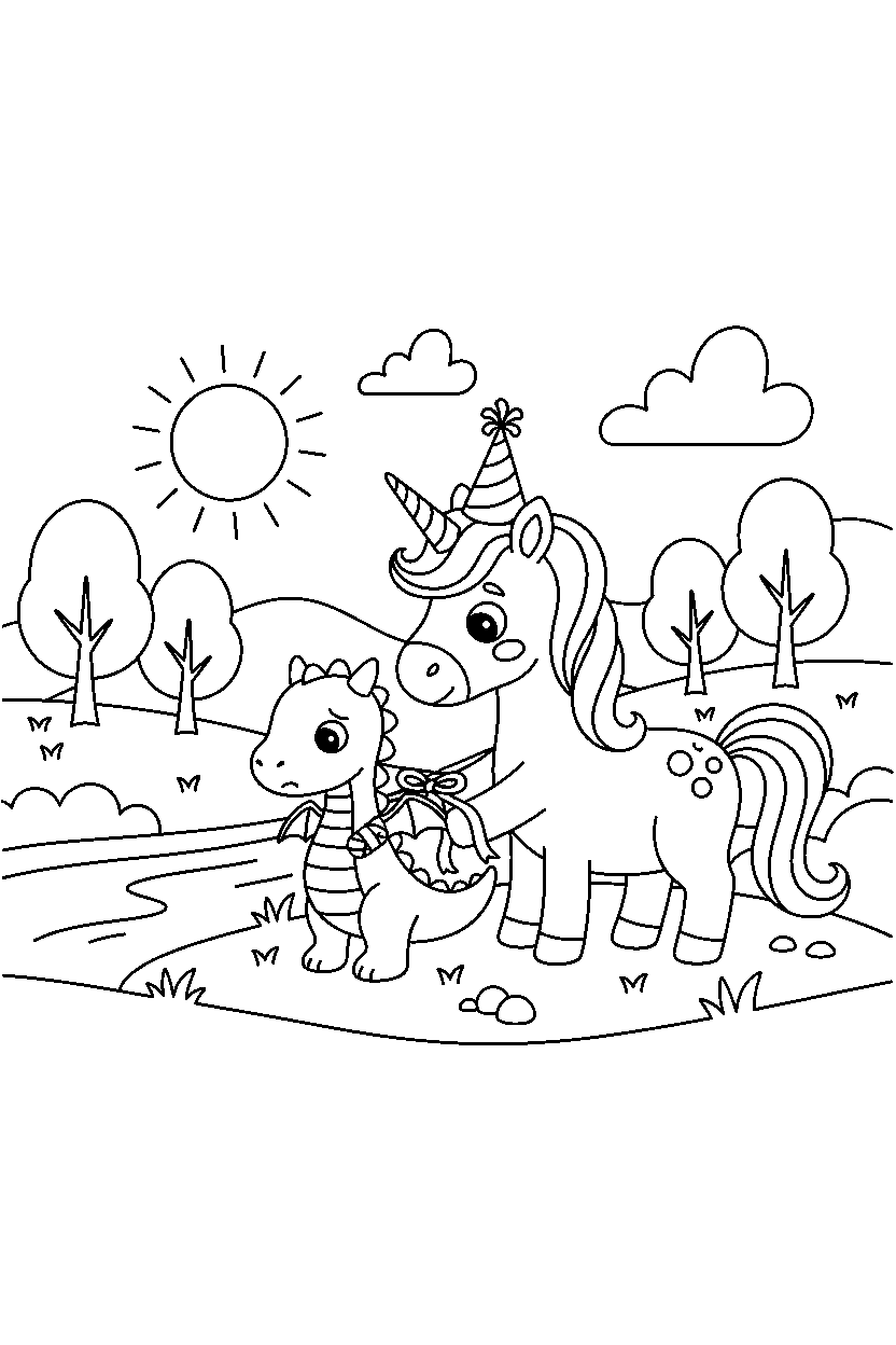 party unicorn helping a friend in a peaceful countryside line art