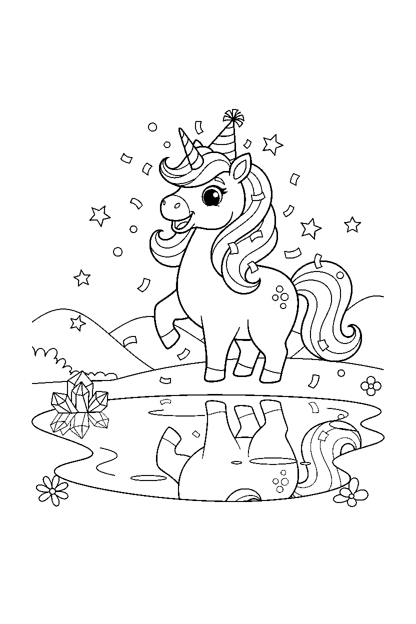 party unicorn looking happy near a crystal lake line art