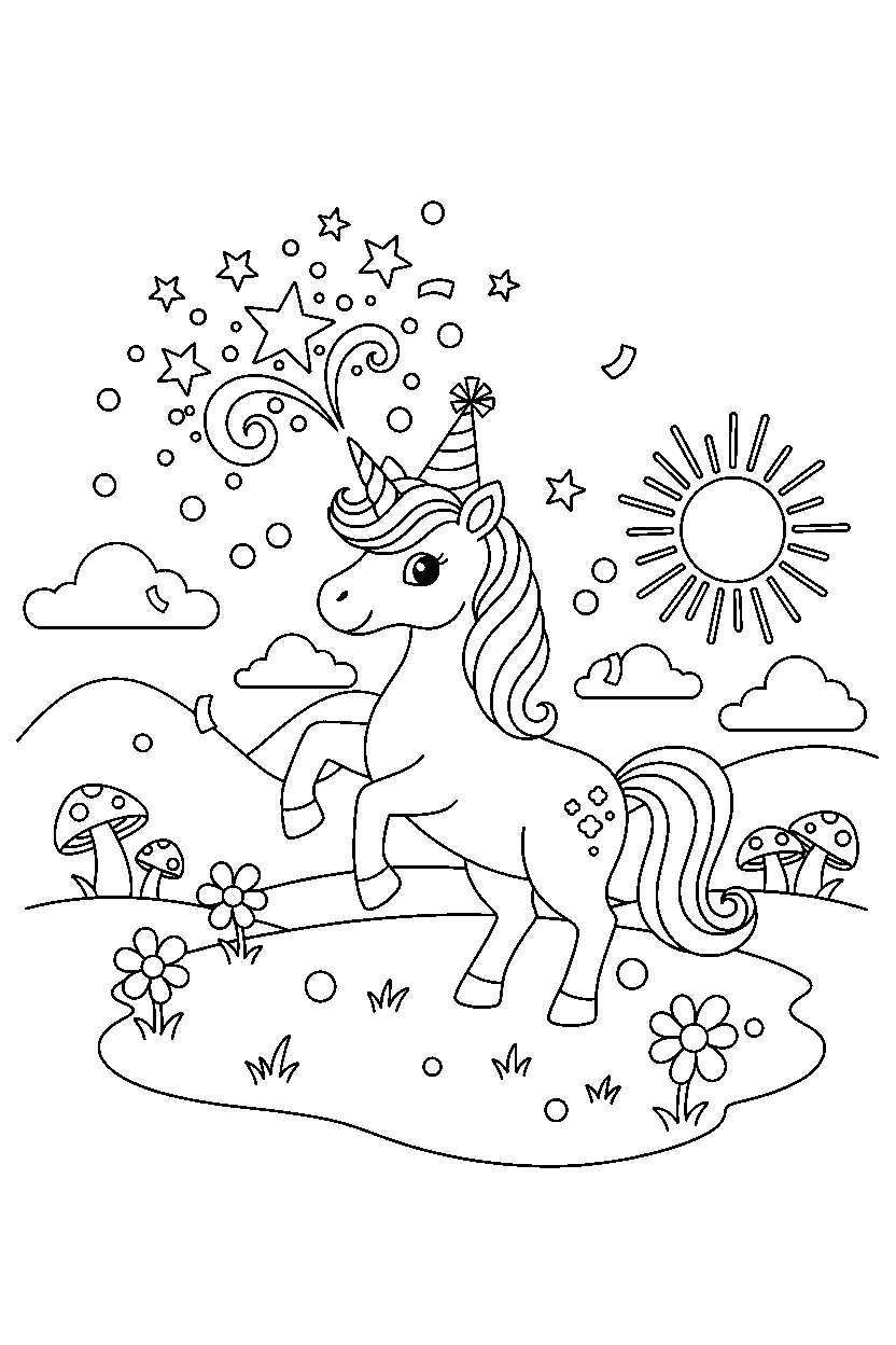 party unicorn making a magic sparkle on a sunny meadow line art