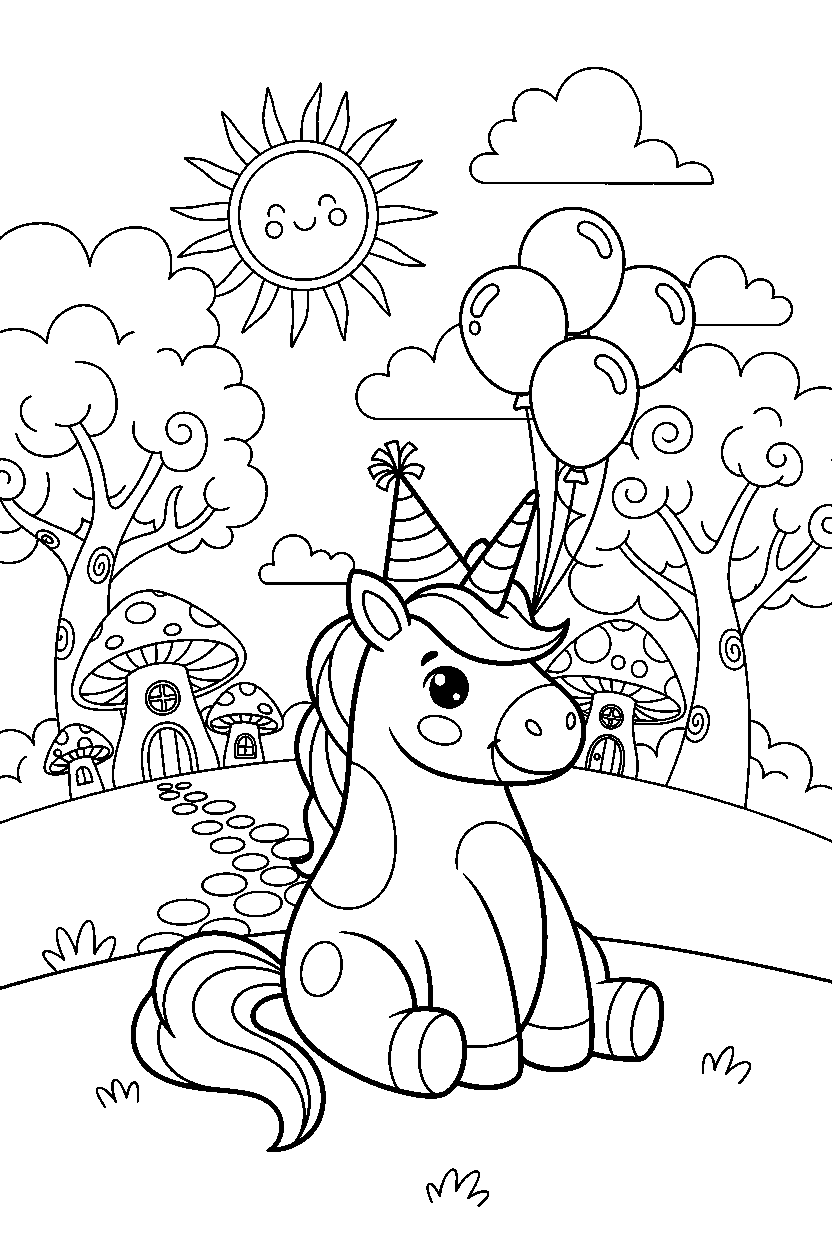 party unicorn sitting peacefully in a fantasy land line art