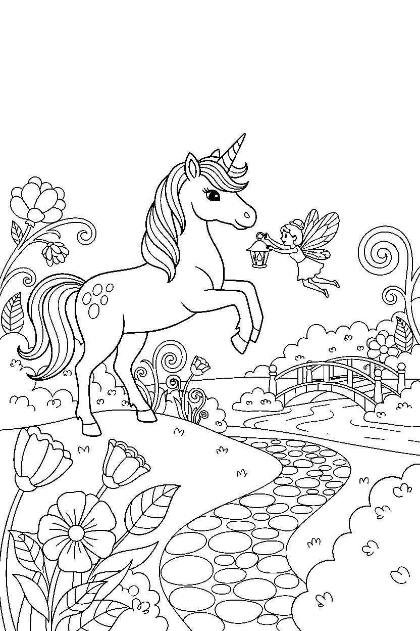 pastel unicorn helping a friend in a fairy garden line art
