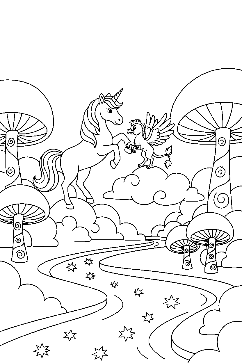 pastel unicorn helping a friend in a magic valley line art