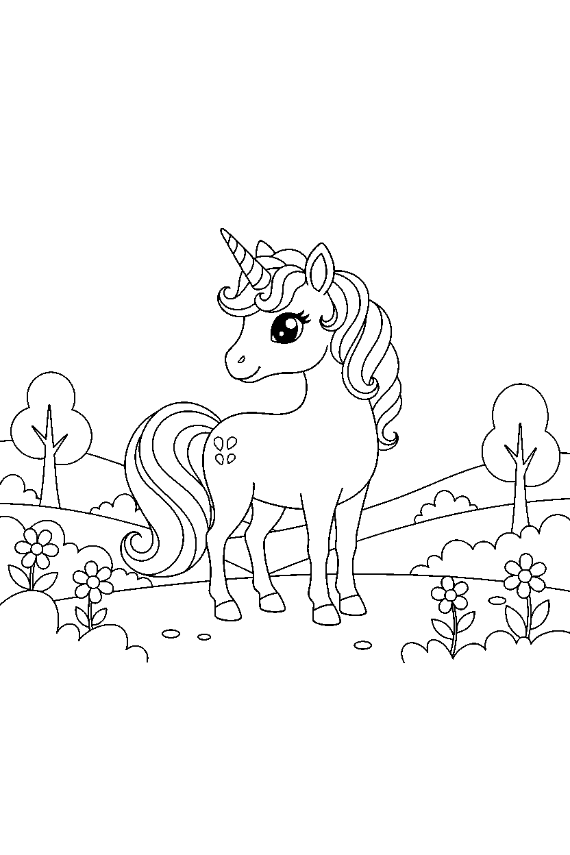 pastel unicorn looking around in a glowing valley line art