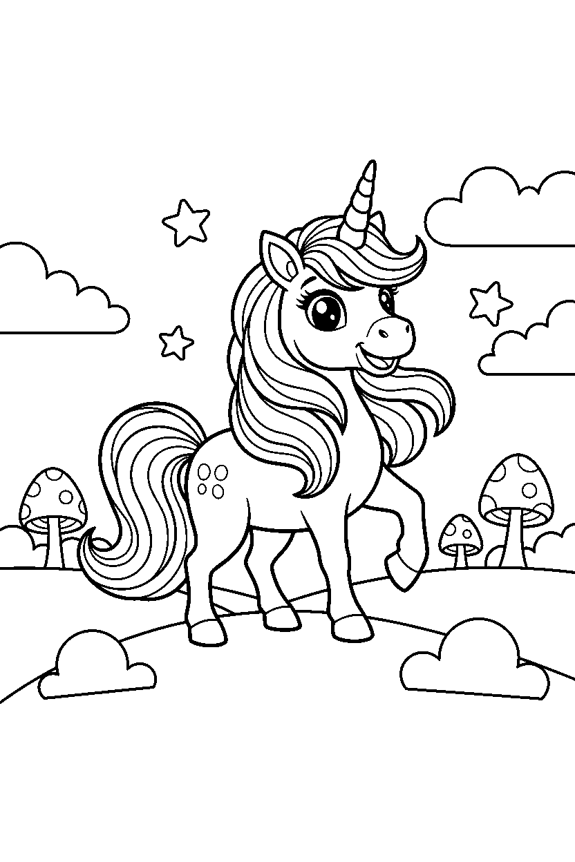 pastel unicorn looking excited in a fantasy land line art