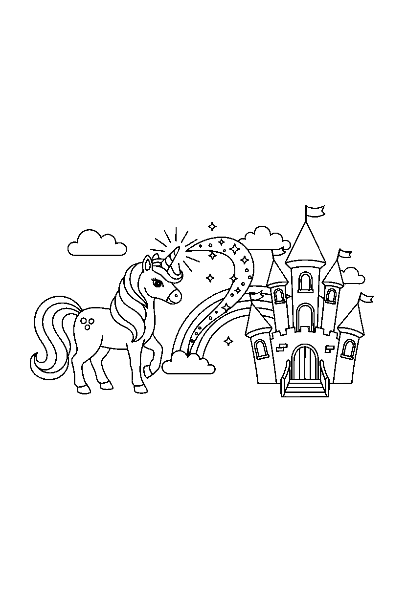 pastel unicorn making a magic sparkle near a magic castle line art