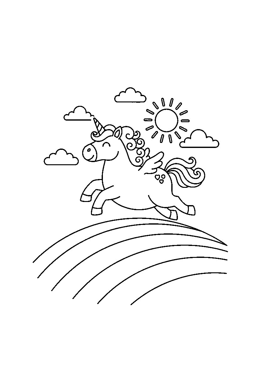 pastel unicorn running happily on a rainbow hill line art
