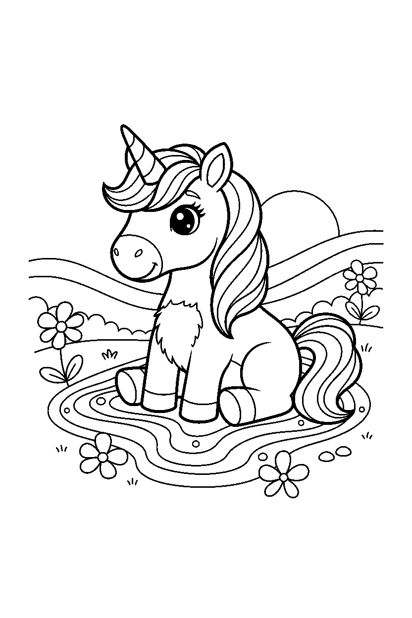 pastel unicorn sitting peacefully in a glowing valley line art