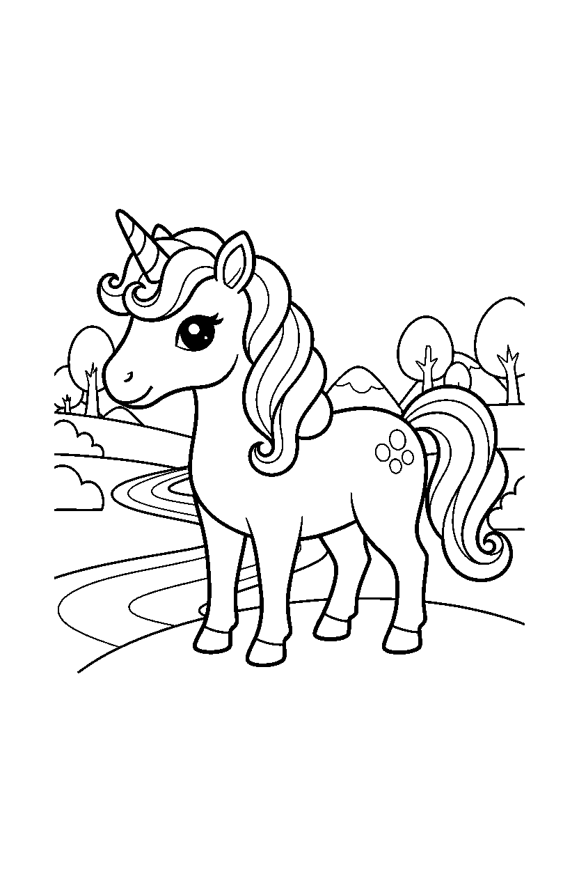 pastel unicorn standing peacefully in a fantasy land line art