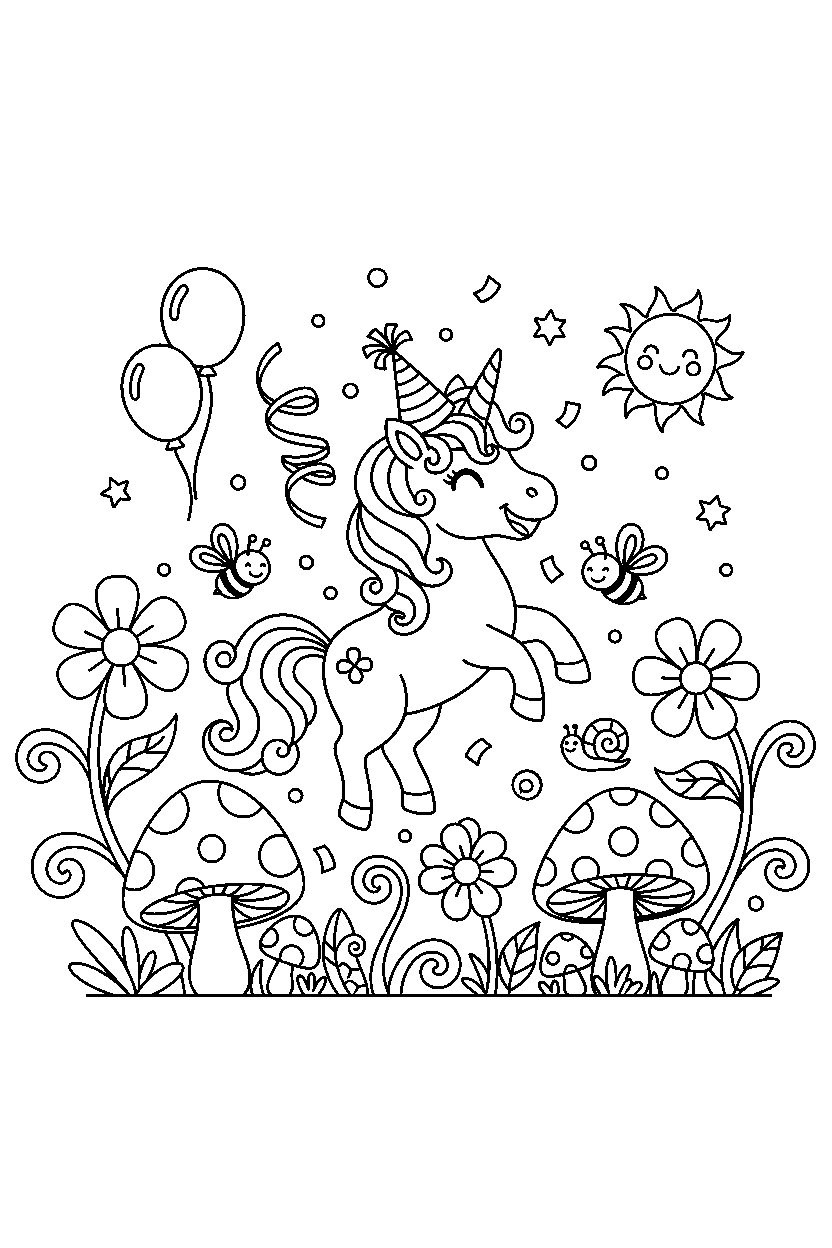 playful unicorn celebrating happily in a fairy garden line art