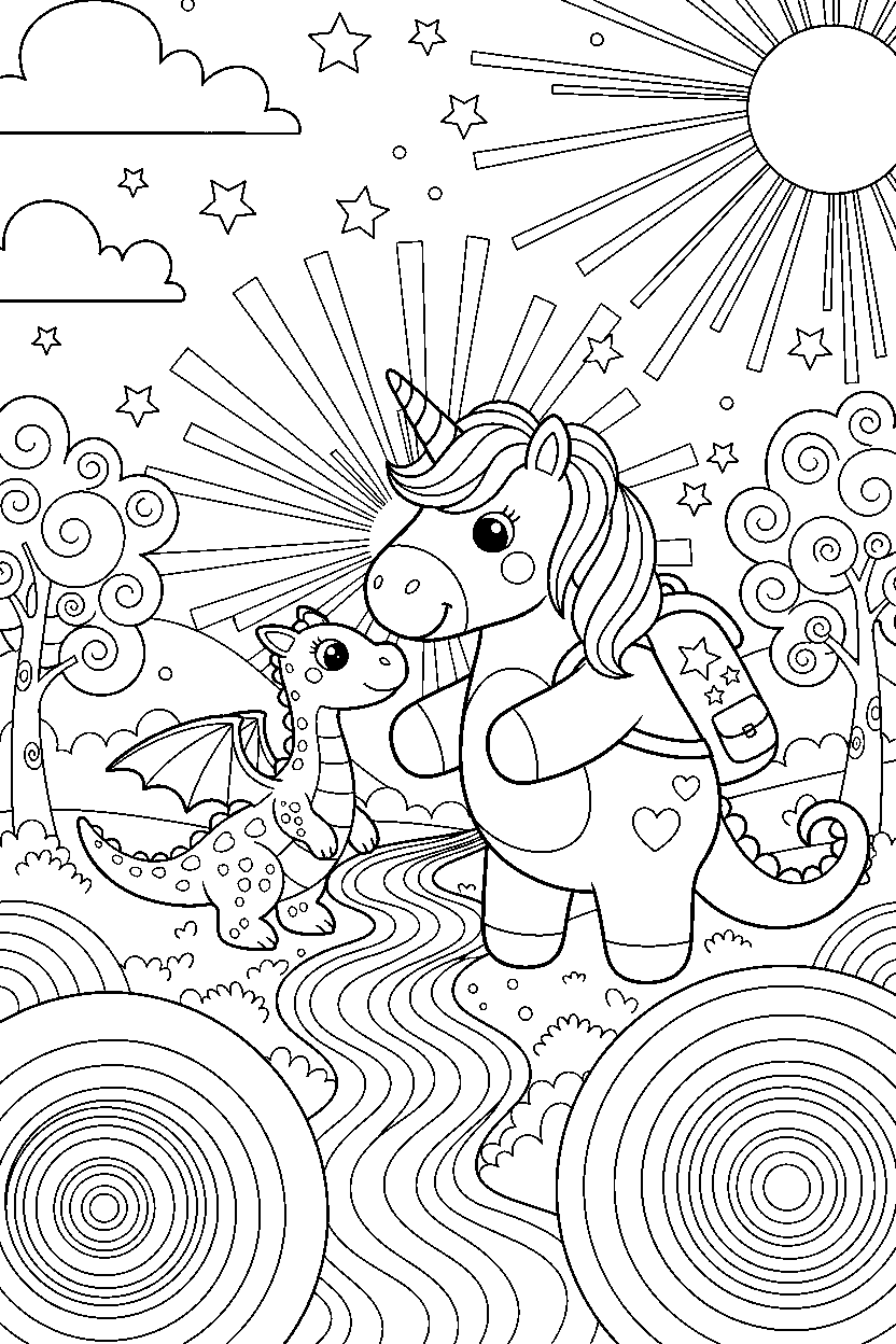playful unicorn helping a friend in a glowing valley line art