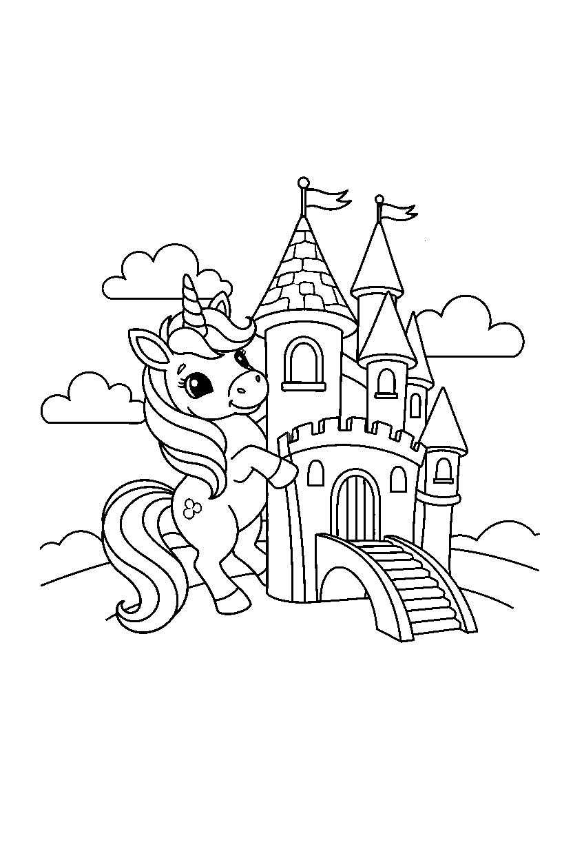 playful unicorn looking around near a magic castle line art