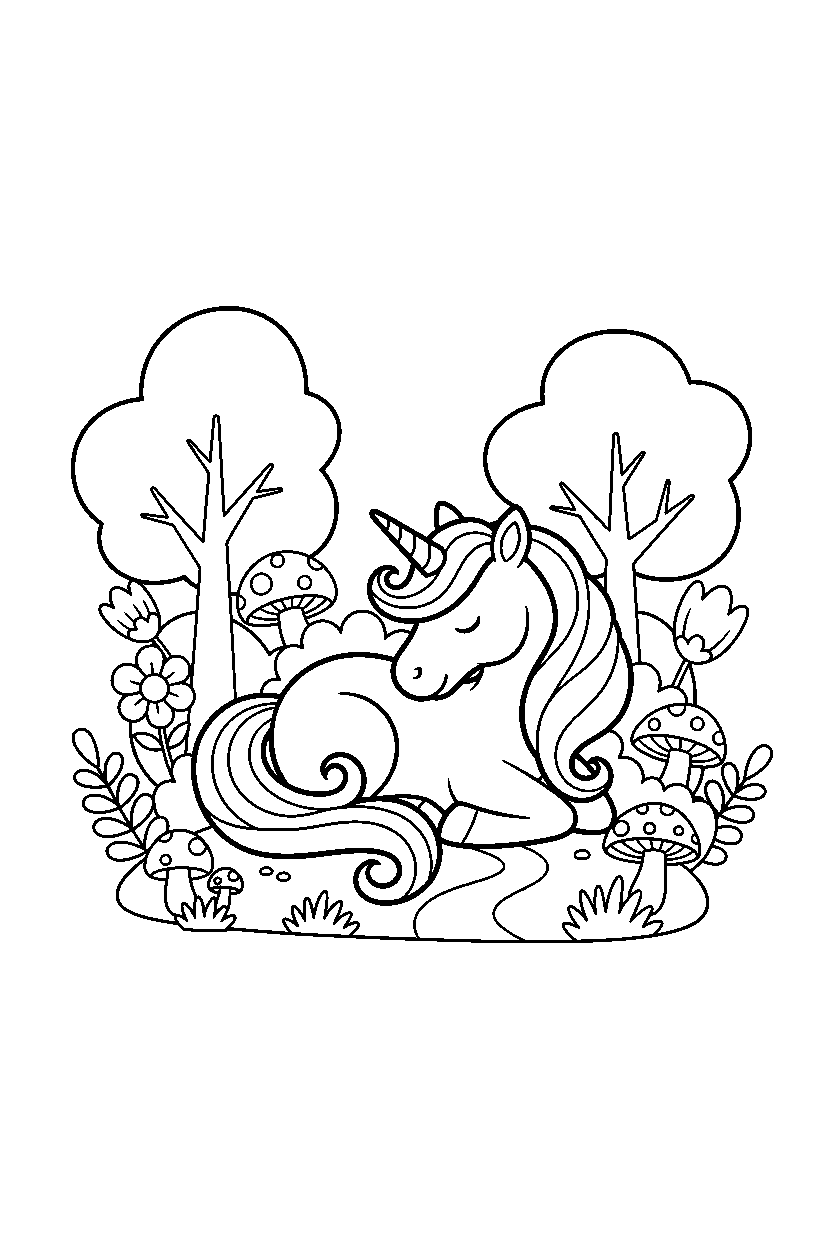 playful unicorn resting peacefully in a hidden forest line art