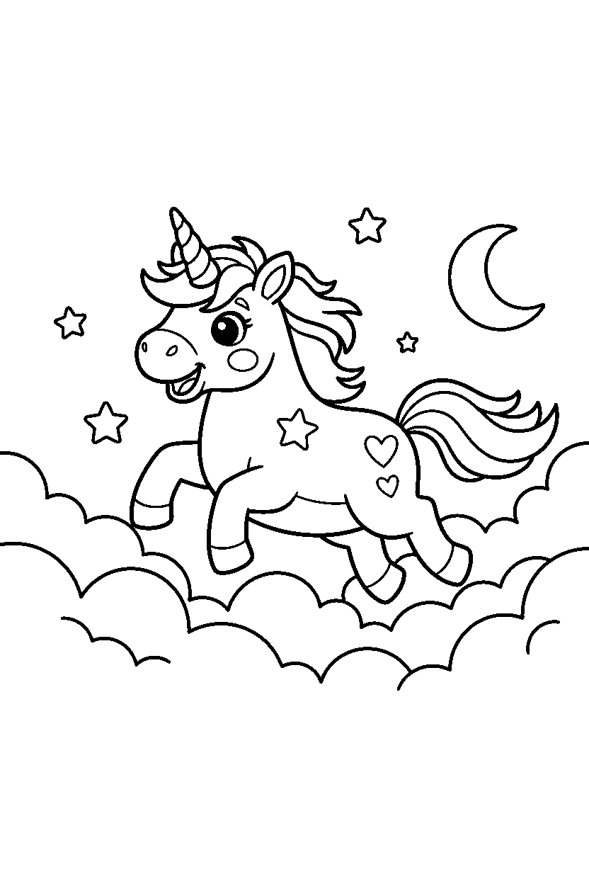 playful unicorn running happily on a cloud land line art