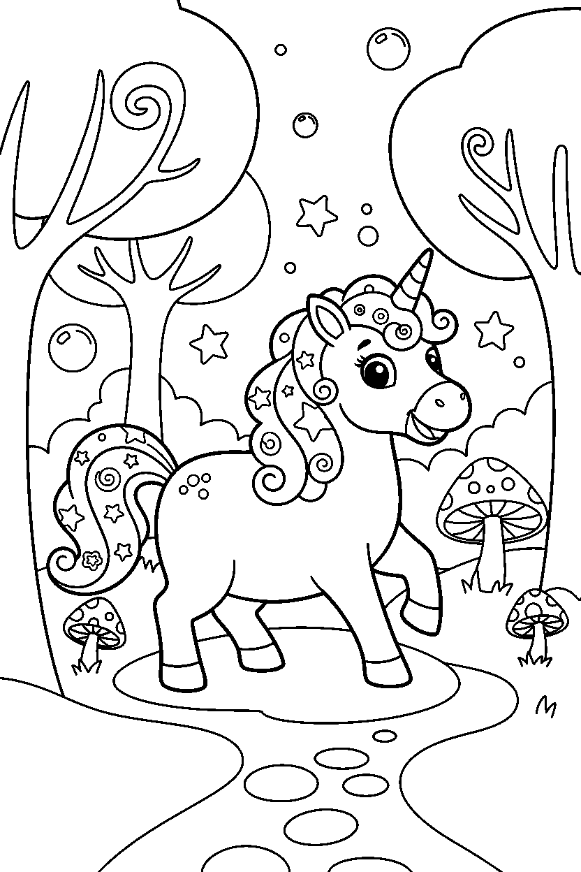 playful unicorn walking happily in a magical forest line art
