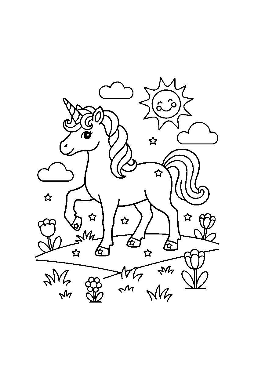 playful unicorn walking proudly on a bright meadow line art