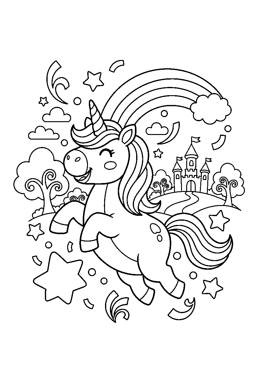 rainbow unicorn celebrating happily in a fantasy land line art