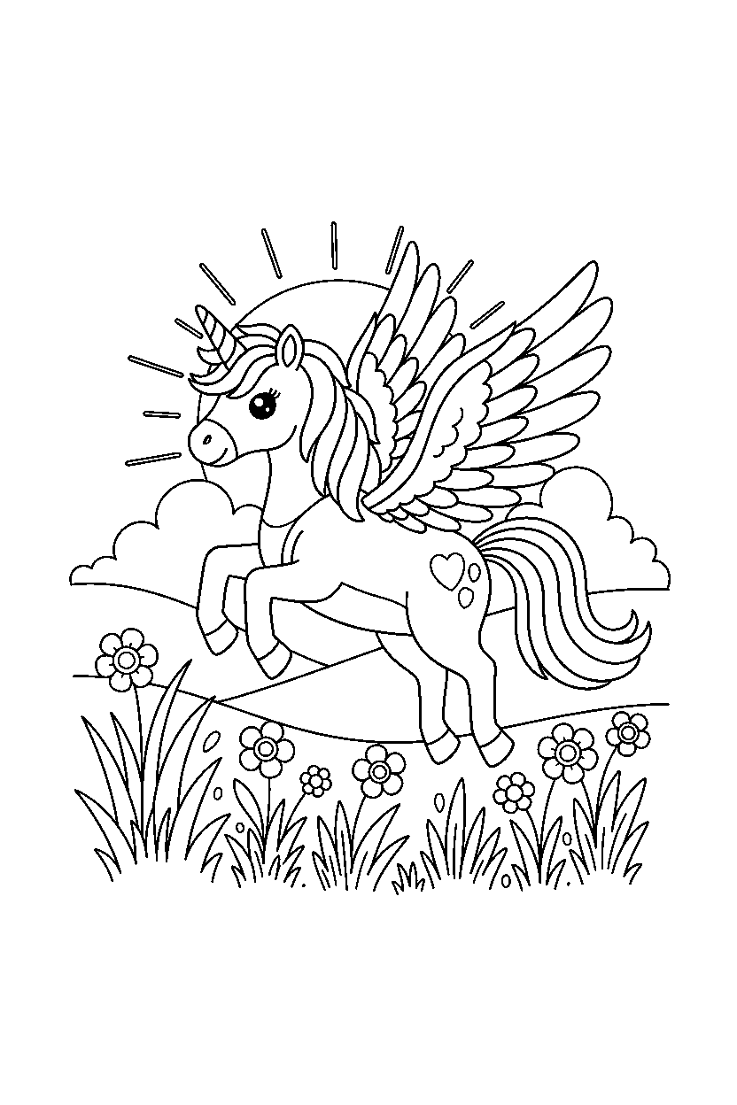 rainbow unicorn getting ready to fly in a glowing meadow line art
