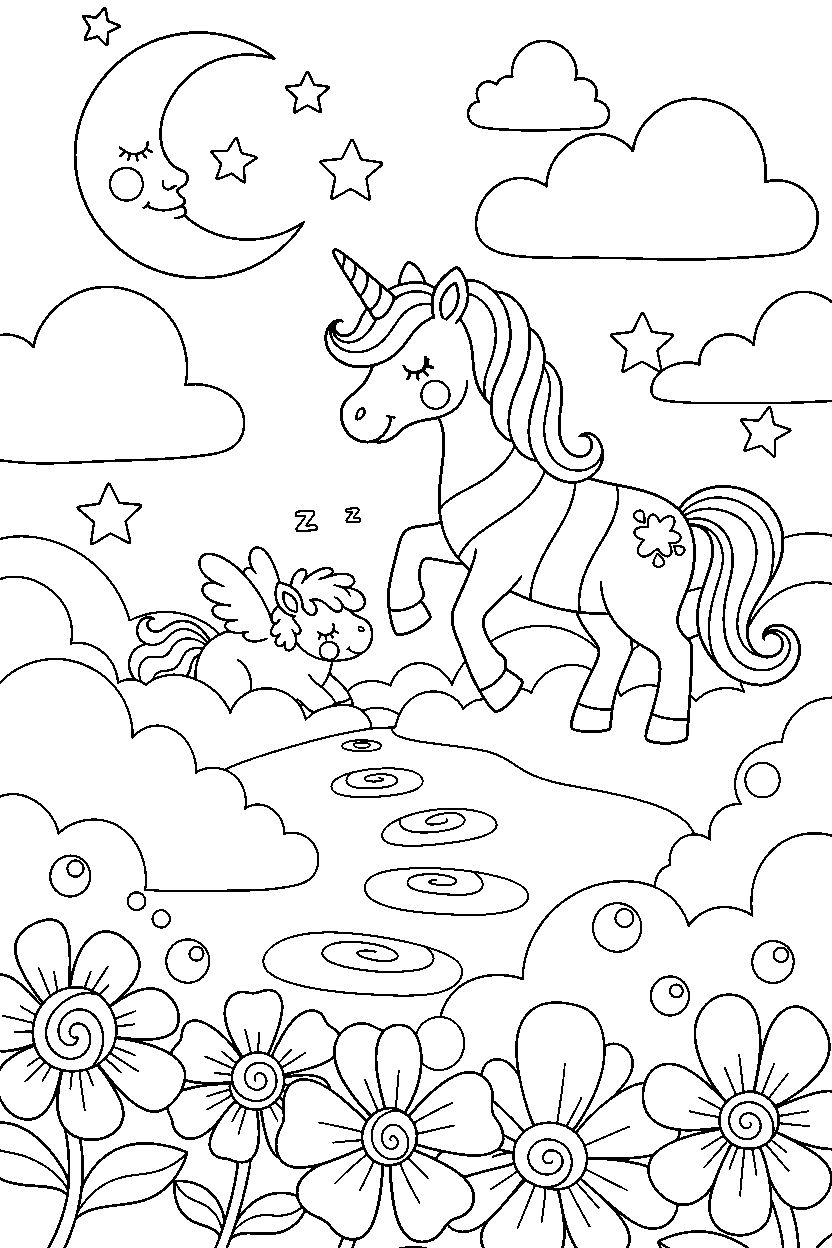 rainbow unicorn helping a friend in a dream world line art
