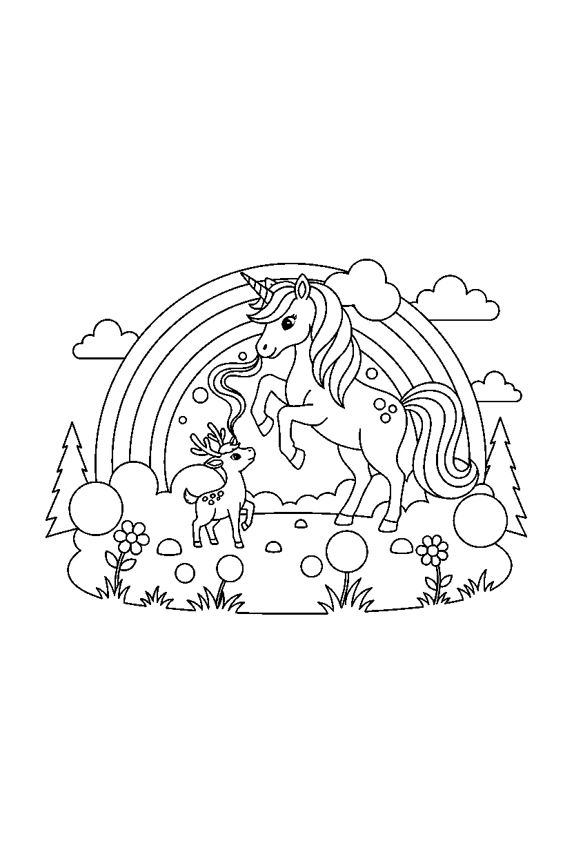rainbow unicorn helping a friend in a glowing meadow line art