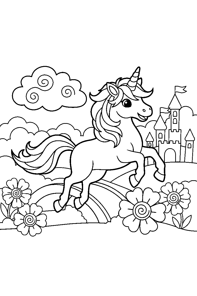 rainbow unicorn jumping with joy in a dreamy landscape line art
