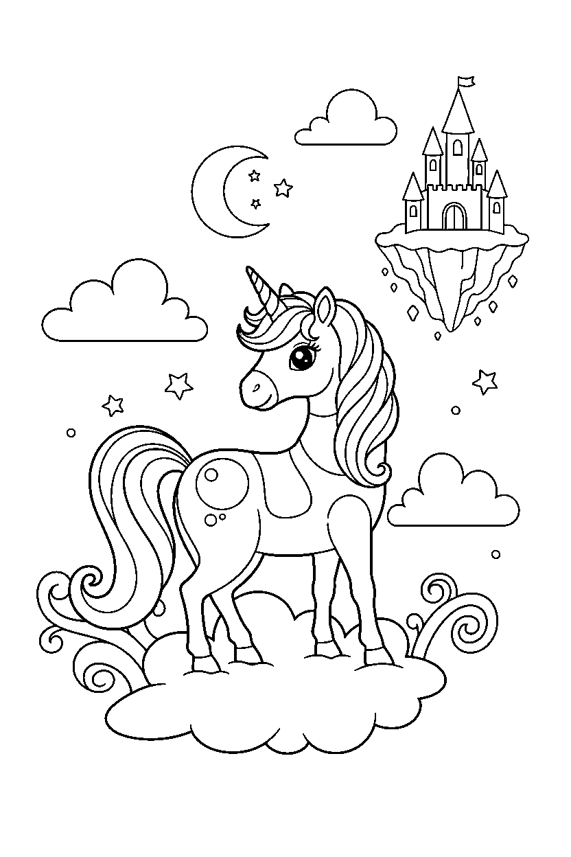 rainbow unicorn looking around in a dreamy landscape line art