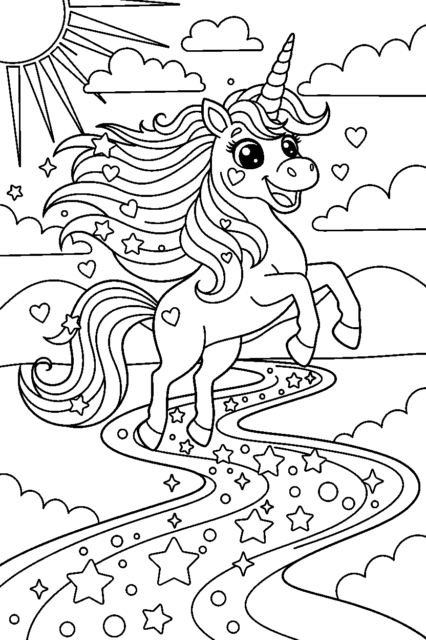 rainbow unicorn looking excited near a sparkling river line art