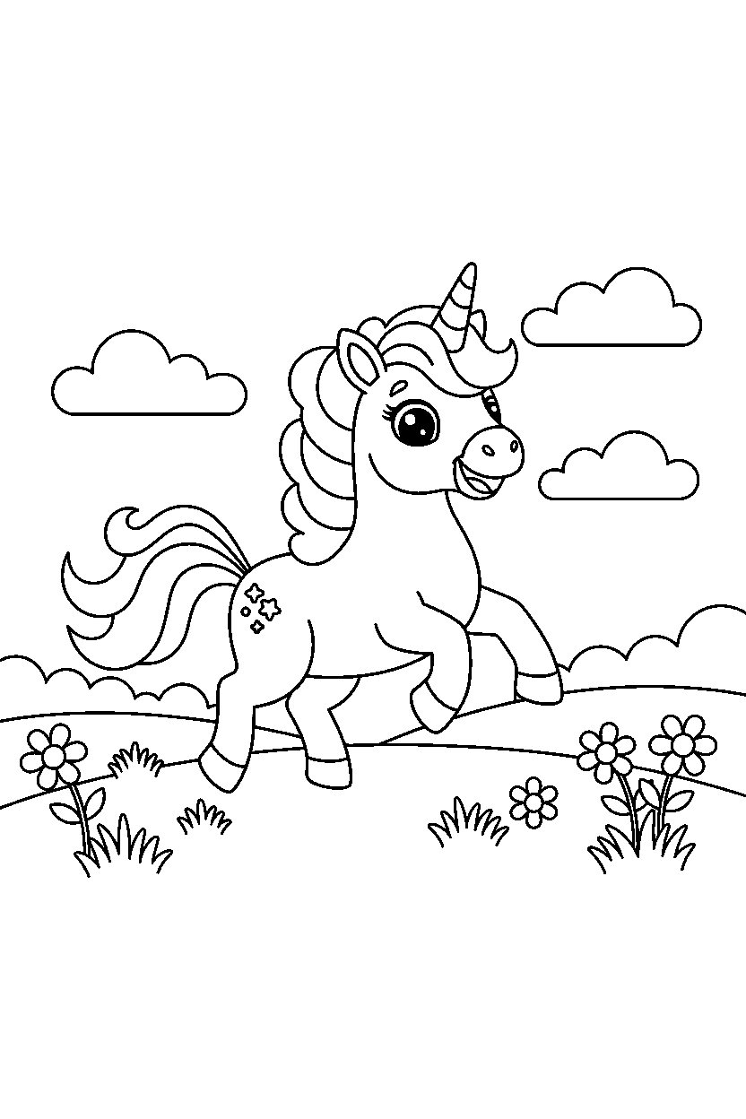 rainbow unicorn looking excited on a bright meadow line art