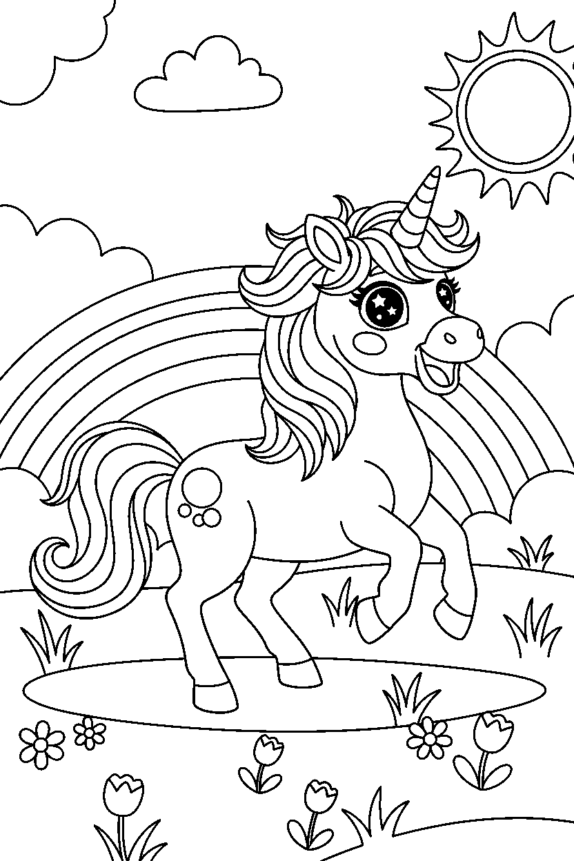 rainbow unicorn looking excited on a sunny meadow line art