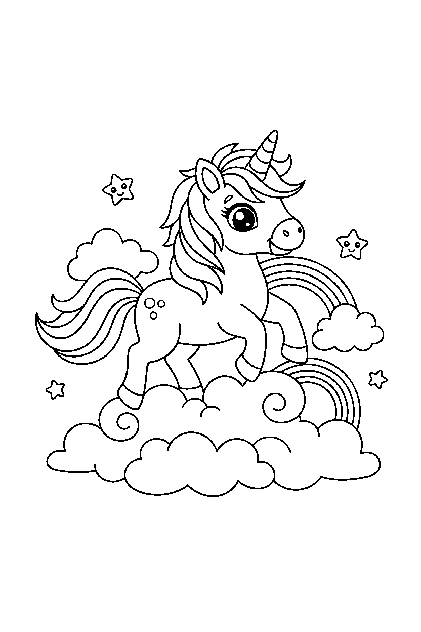 rainbow unicorn looking happy on a cloud land line art