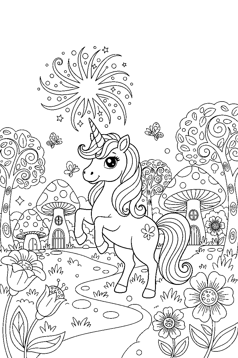 rainbow unicorn making a magic sparkle in a fairy garden line art