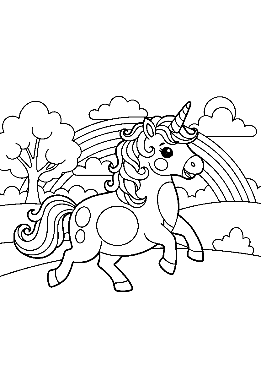 rainbow unicorn playing happily in a peaceful countryside line art