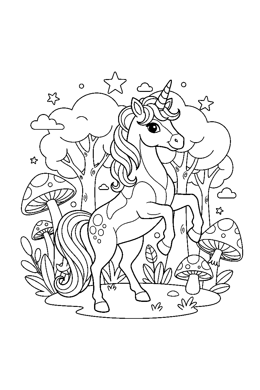 rainbow unicorn posing proudly in a magical forest line art