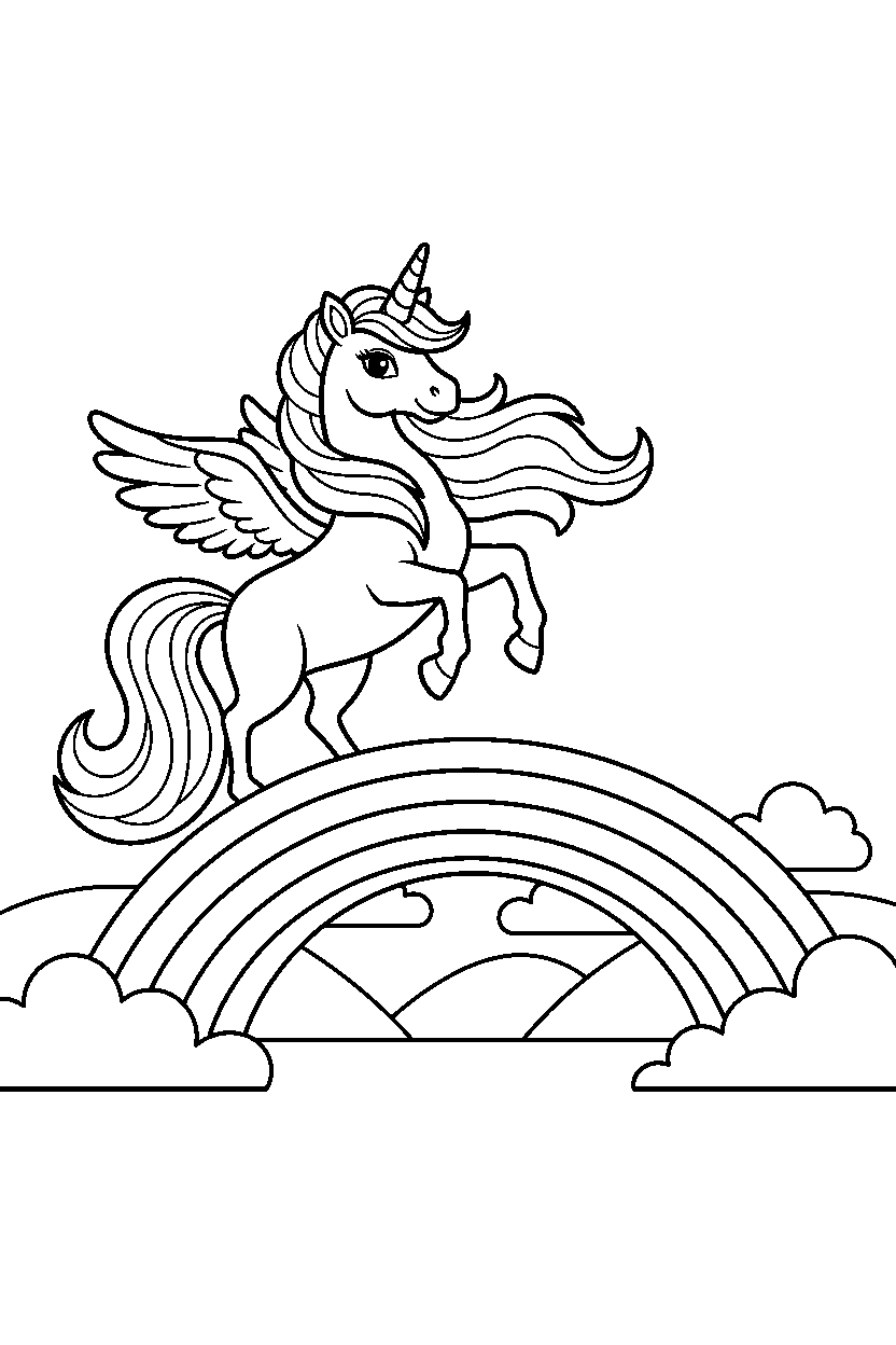 rainbow unicorn posing proudly near a rainbow bridge line art