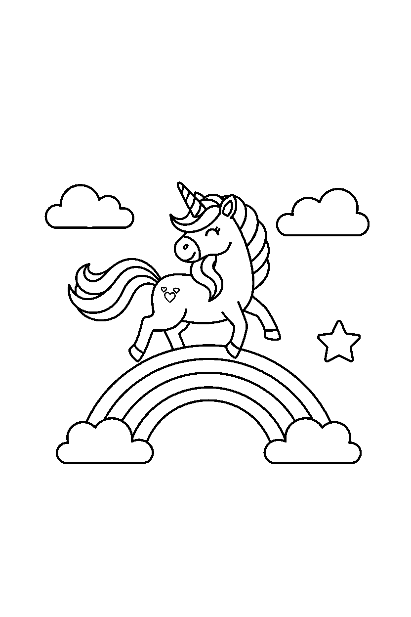 rainbow unicorn prancing happily on a rainbow hill line art