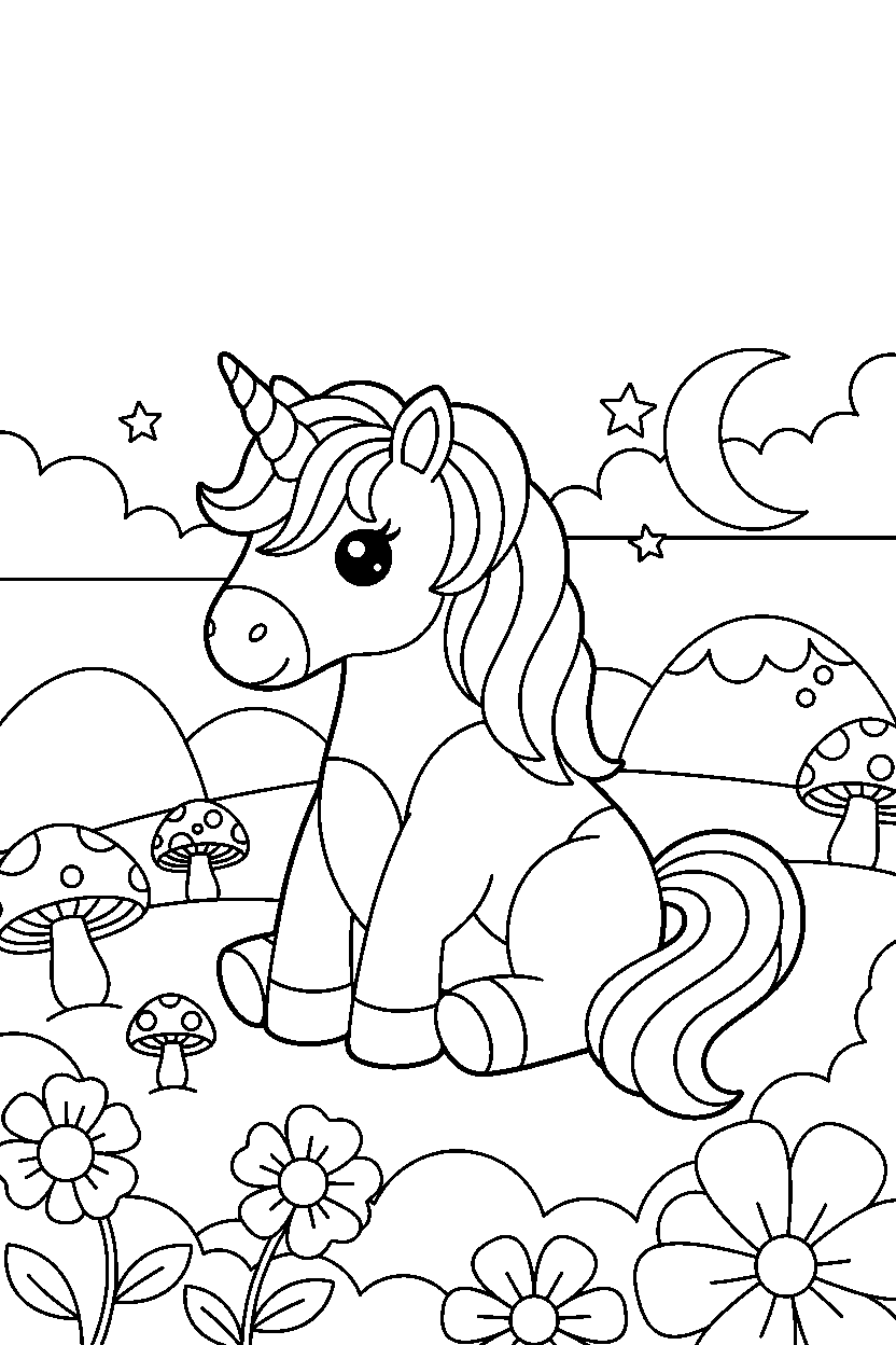 rainbow unicorn sitting peacefully in a dreamy landscape line art