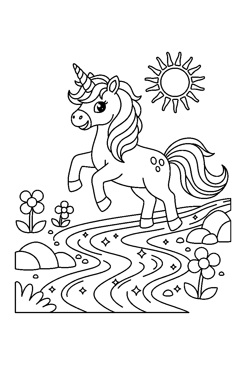 rainbow unicorn spinning happily near a sparkling river line art