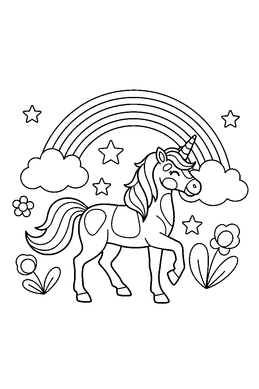 rainbow unicorn trotting happily in a colorful world line art