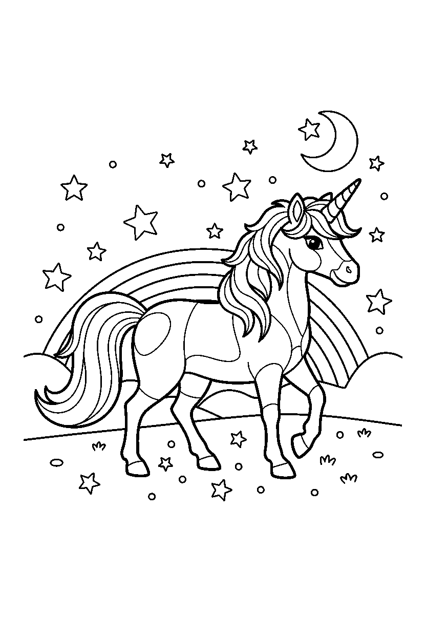 rainbow unicorn walking proudly in a starry valley line art