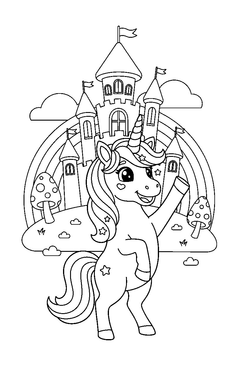 rainbow unicorn waving happily in a magic kingdom line art