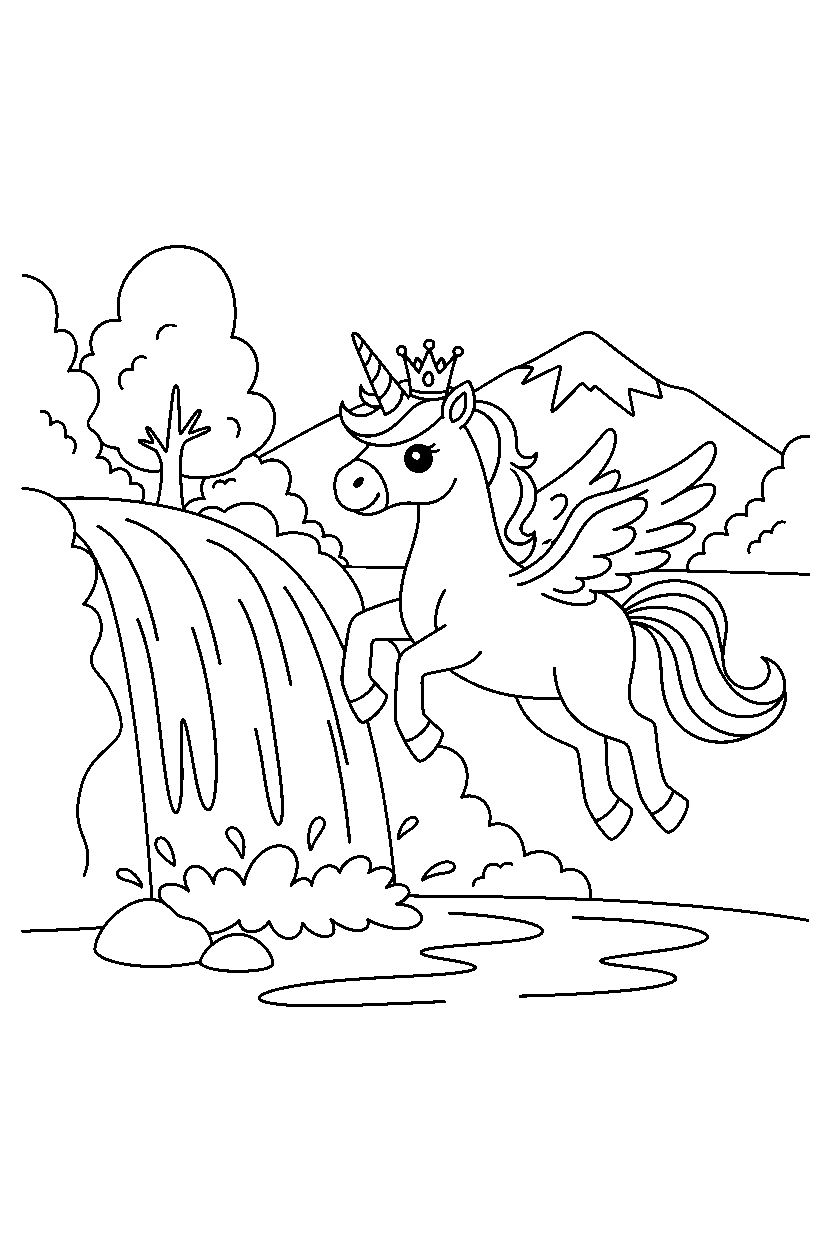 royal unicorn flying happily near a waterfall line art